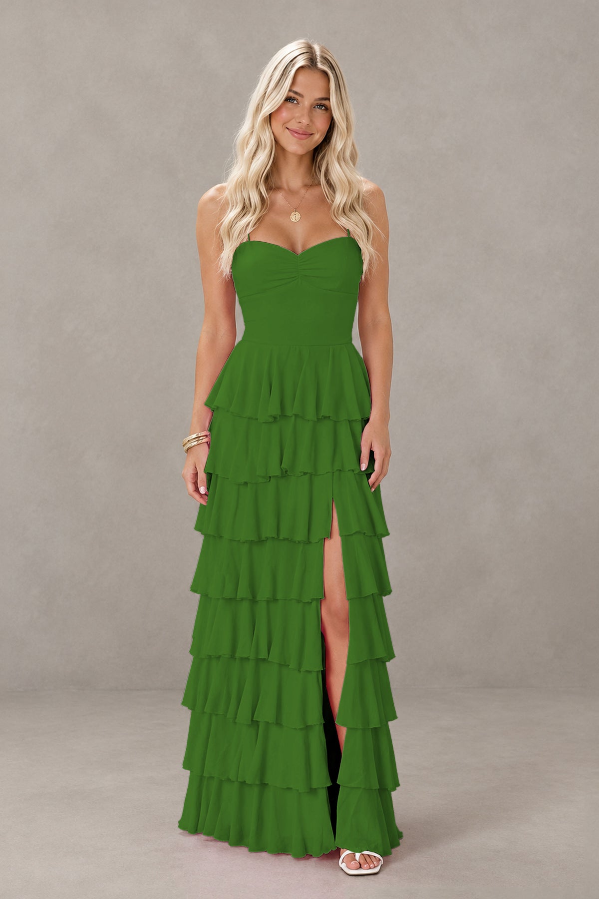 BOLODOO Olive Green Strapless Tiered Ruffle Maxi Dress with Slit & Lace-Up Back - Olive Green