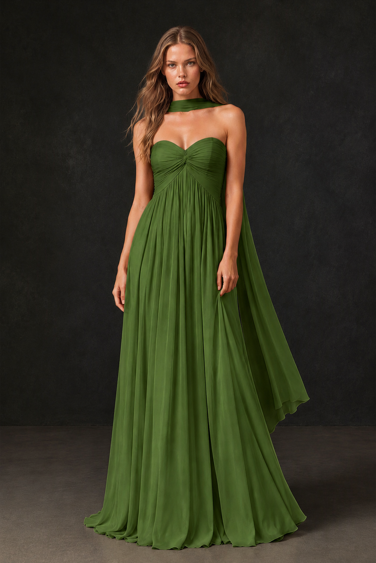 BOLODOO Olive Green Sweetheart Strapless Twist Knot Detached Halter Scarf Lace-Up Back Empire Waist Chiffon Maxi Dress - Olive Green
