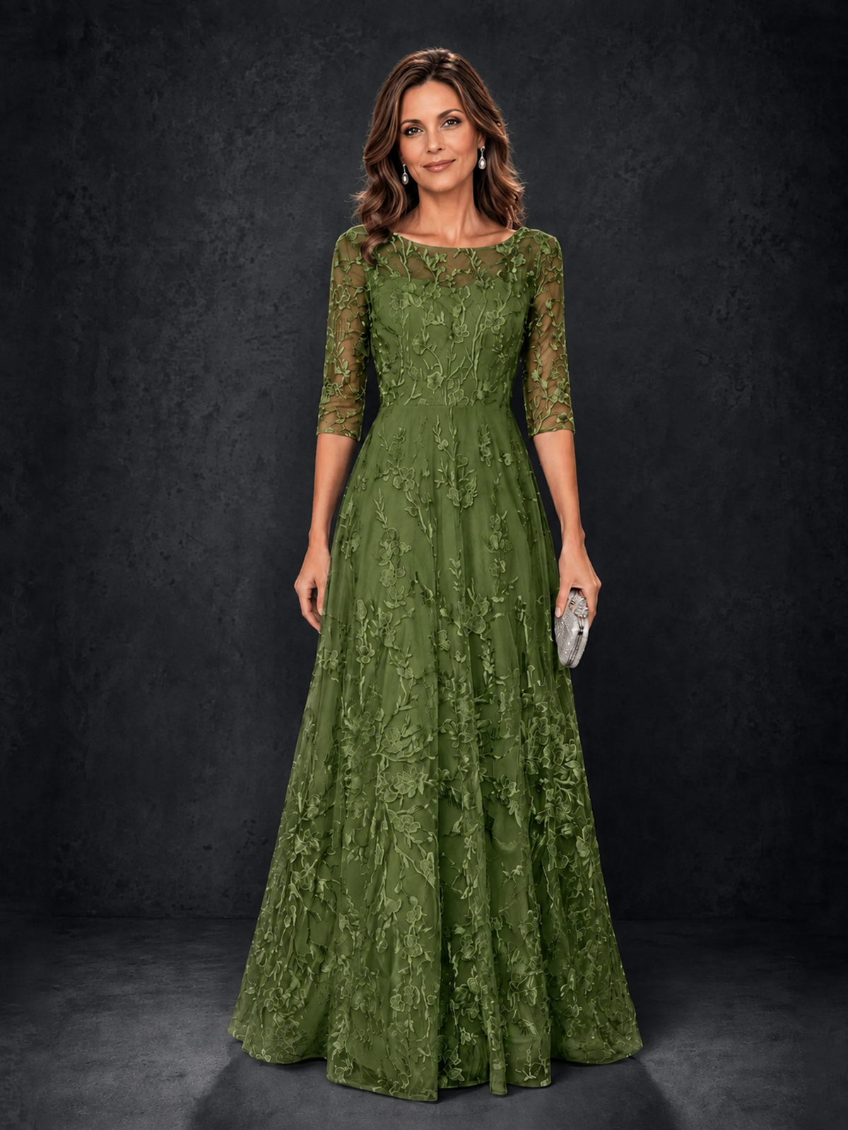 BOLODOO Steel Olive Green Floral Lace A-Line Mother of the Bride Dress with 3/4 Sleeves - Olive Green