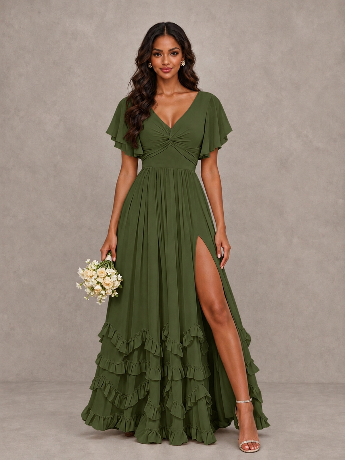 BOLODOO Olive Green V-Neck Flutter Sleeve Ruffle Bridesmaid Dress with Slit - Olive Green - Olive Green (1)