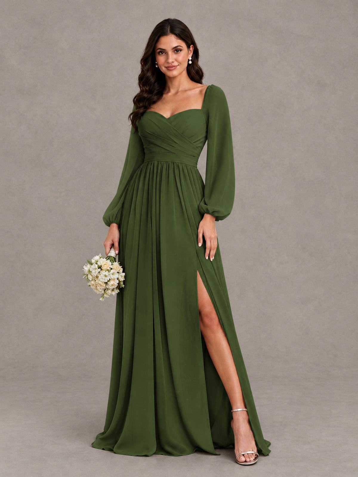 BOLODOO Olive Green Long Sleeve Chiffon Bridesmaid Dress with Slit - Olive Green - Olive Green (1)