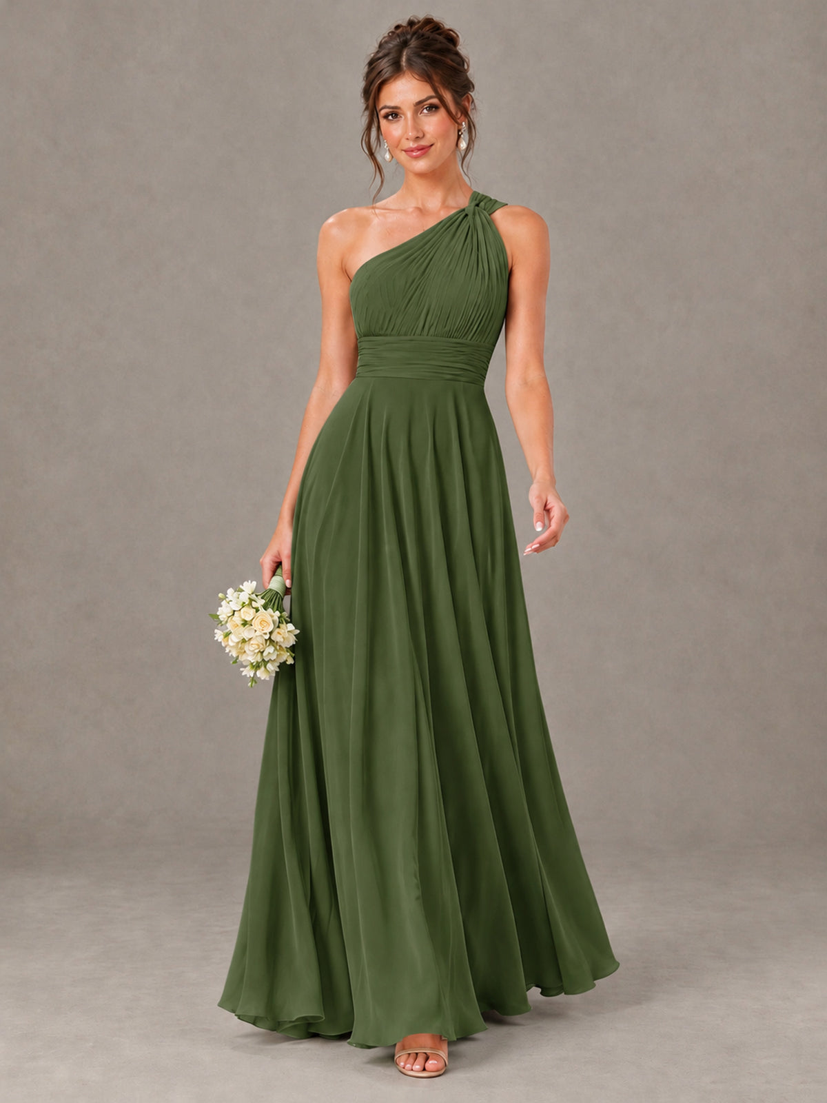 BOLODOO Olive Green One-Shoulder Chiffon-Look Bridesmaid Dress - Olive Green - Olive Green (1)