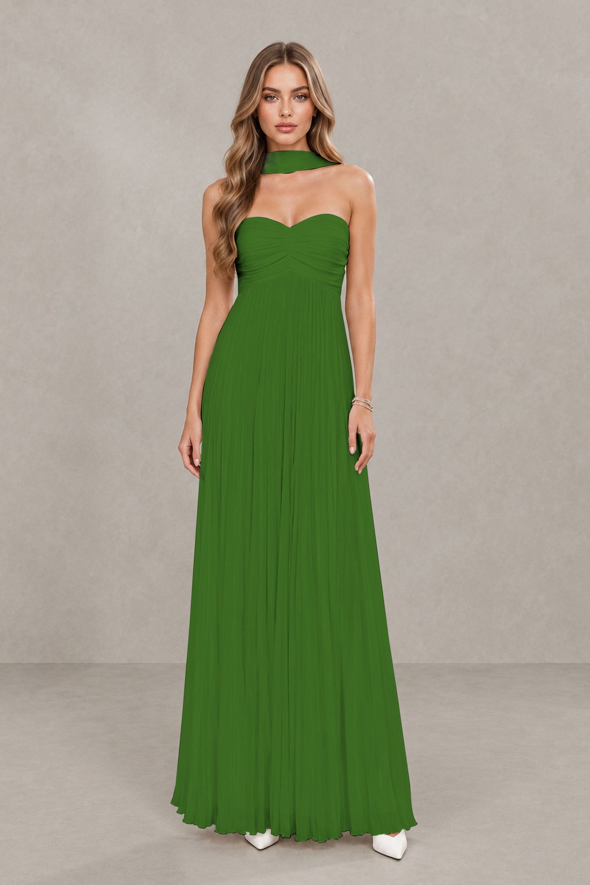 BOLODOO Olive Green Strapless Chiffon-Look Maxi Dress with Lace-Up Back & Cape - Olive Green