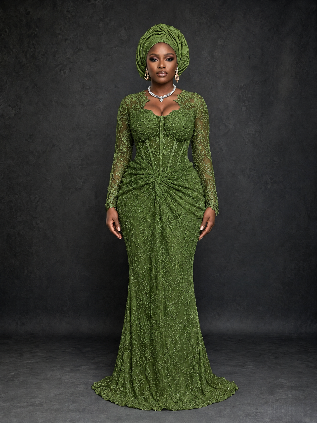 BOLODOO Olive Green Beaded Lace Long Sleeve Mermaid Gown Sweetheart | Mother of the Bride - Olive Green