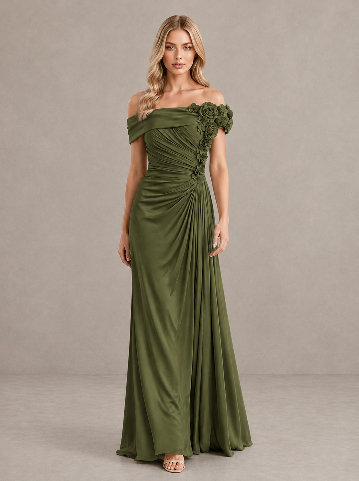 BOLODOO Olive Green Off-Shoulder Floral Applique Wedding Guest Maxi Dress - Olive Green - Olive Green (1)