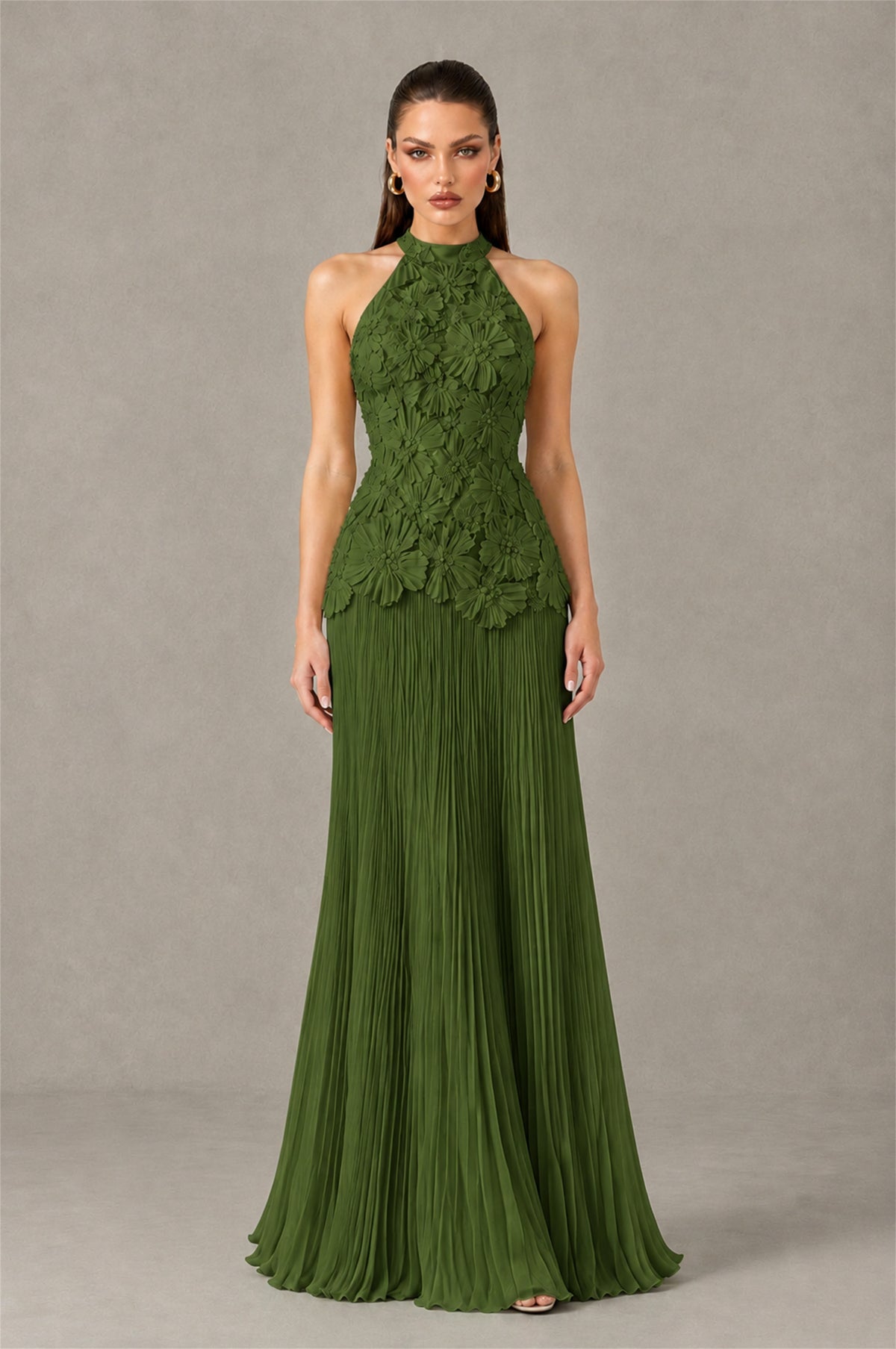 BOLODOO Olive Green 3D Floral Applique Halter Neck Open Back Pleated Maxi Dress - Olive Green