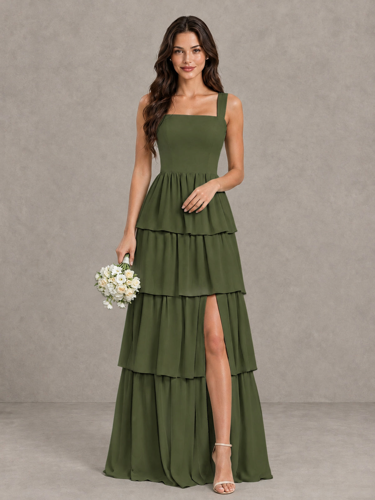 BOLODOO Olive Green Square Neck Tiered Bridesmaid Dress with Slit - Olive Green - Olive Green (1)