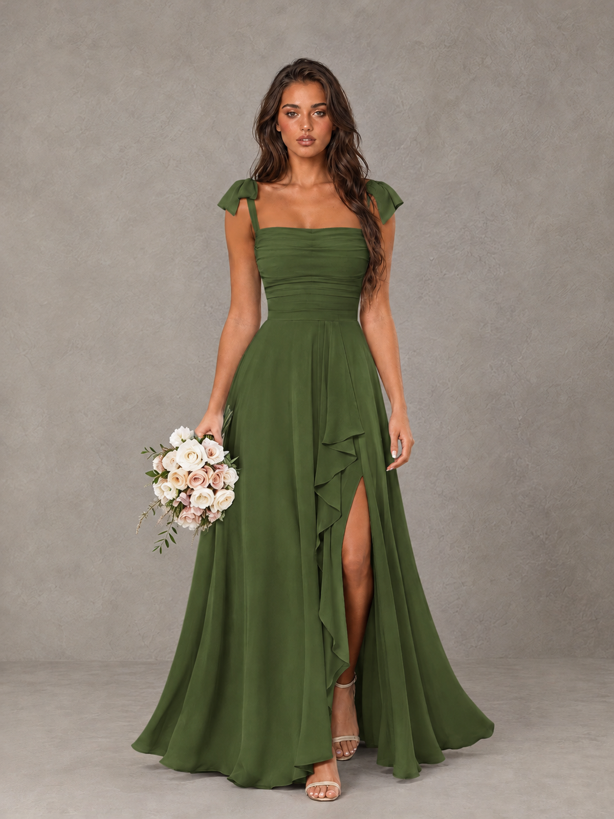 BOLODOO Olive Green Bow-Strap Bridesmaid Dress with Ruffle Slit - Olive Green - Olive Green (1)
