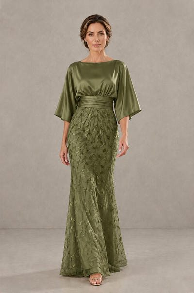 BOLODOO Olive Green Mother of the Bride Dress with Kimono Sleeves, Satin Bodice & Sequin Embroidered Mermaid Floor-Length Gown - Olive Green - Olive Green (1)