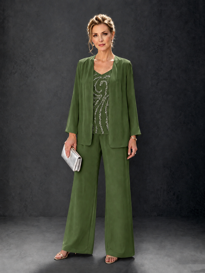 BOLODOO Olive Green 3-Piece Mother of the Bride Pant Suit with Beaded Top & Chiffon Jacket - Olive Green