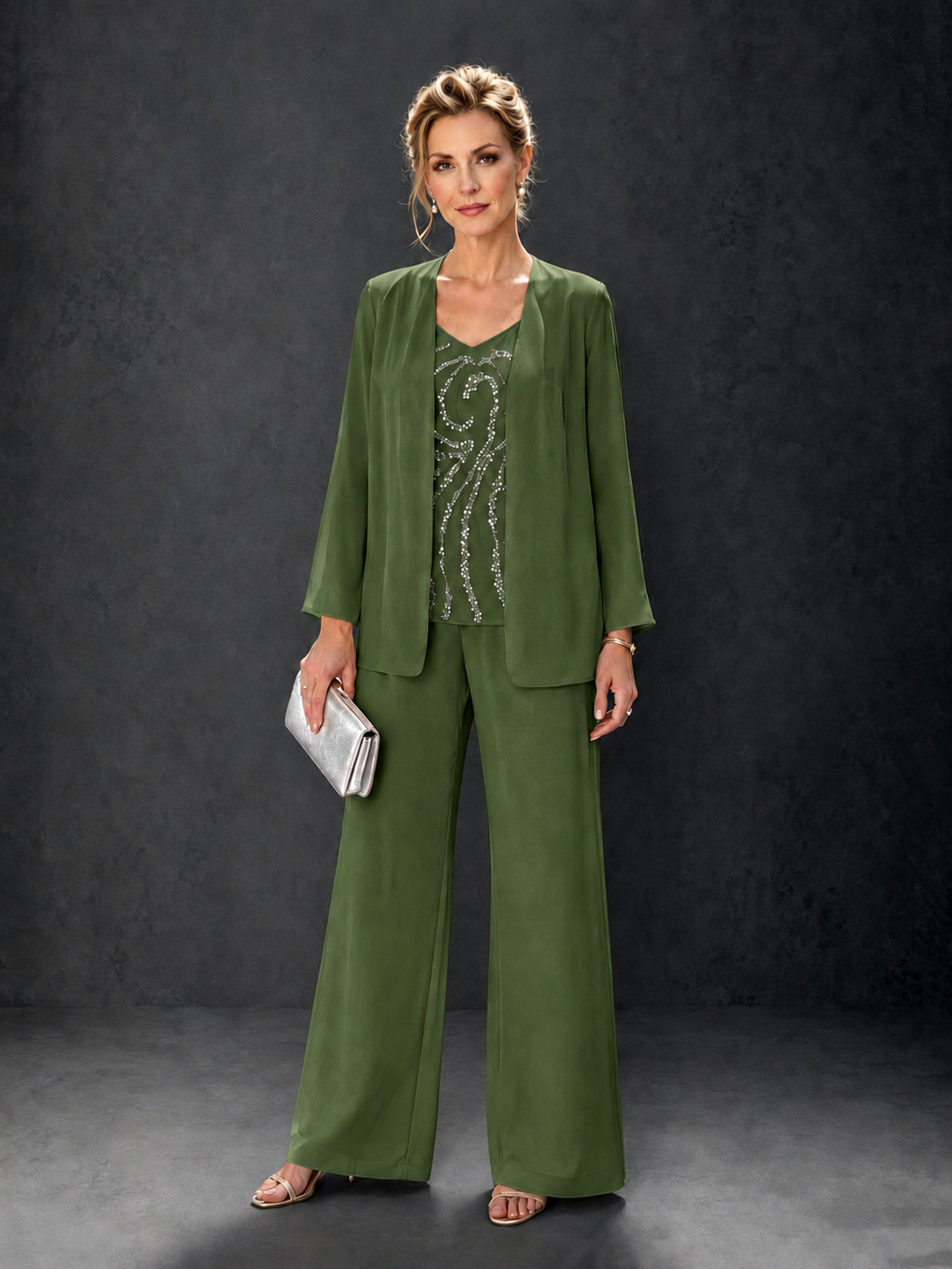BOLODOO Olive Green 3-Piece Mother of the Bride Pant Suit with Beaded Top & Chiffon Jacket - Olive Green