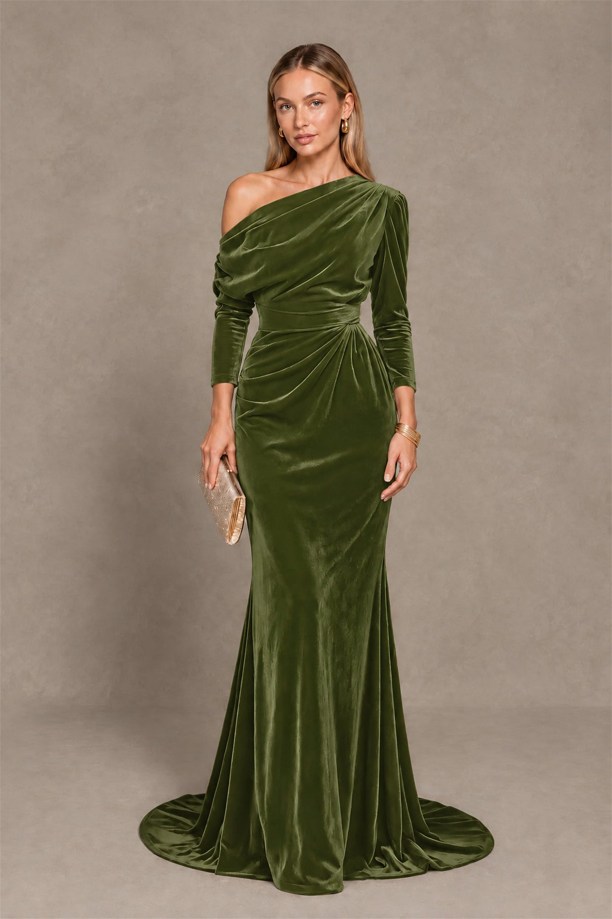 BOLODOO Olive Green Velvet One-Shoulder Long Sleeve Evening Gown - Olive Green