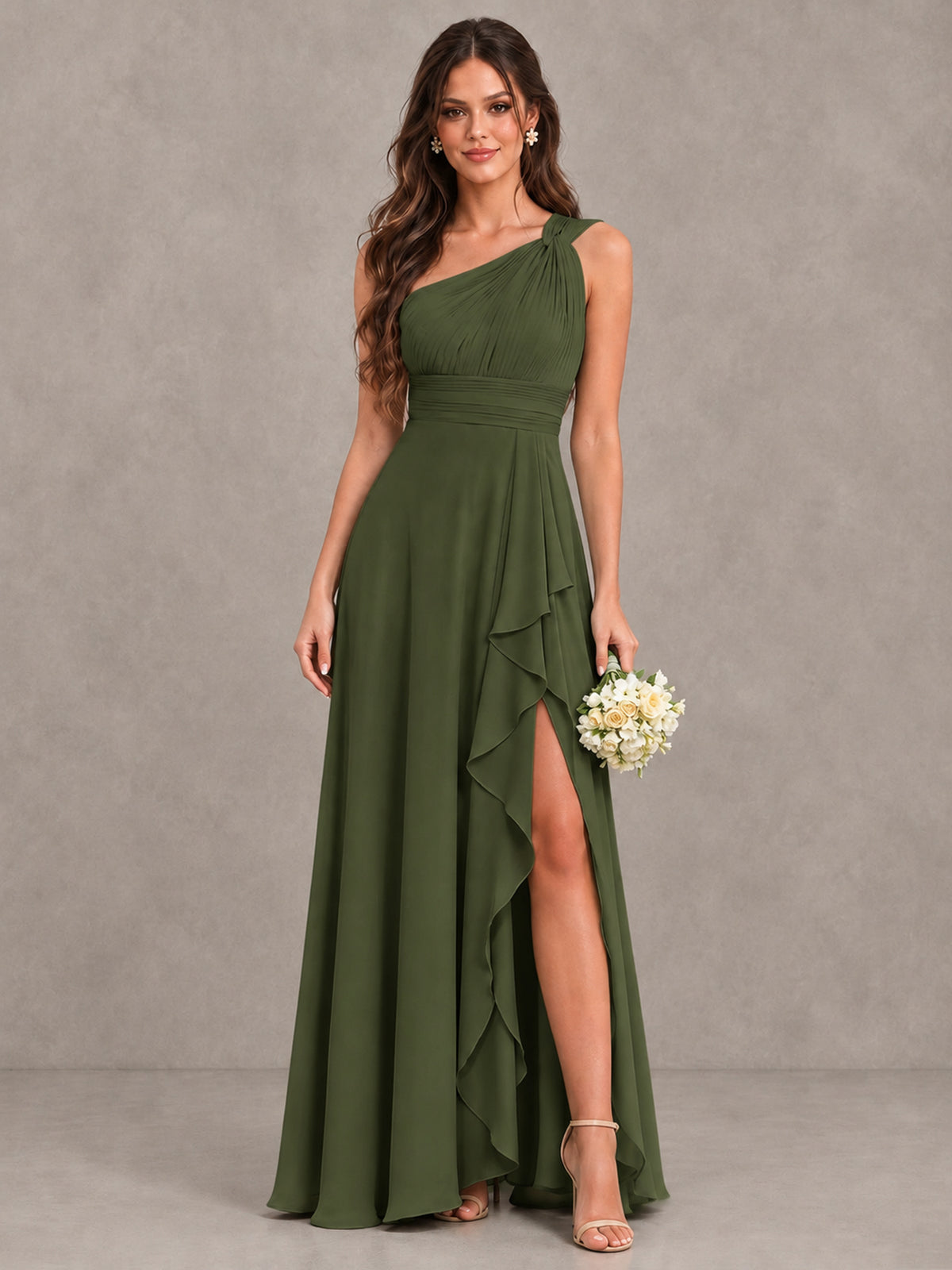 BOLODOO Olive Green One-Shoulder Ruffle Bridesmaid Dress with Slit - Olive Green - Olive Green (1)