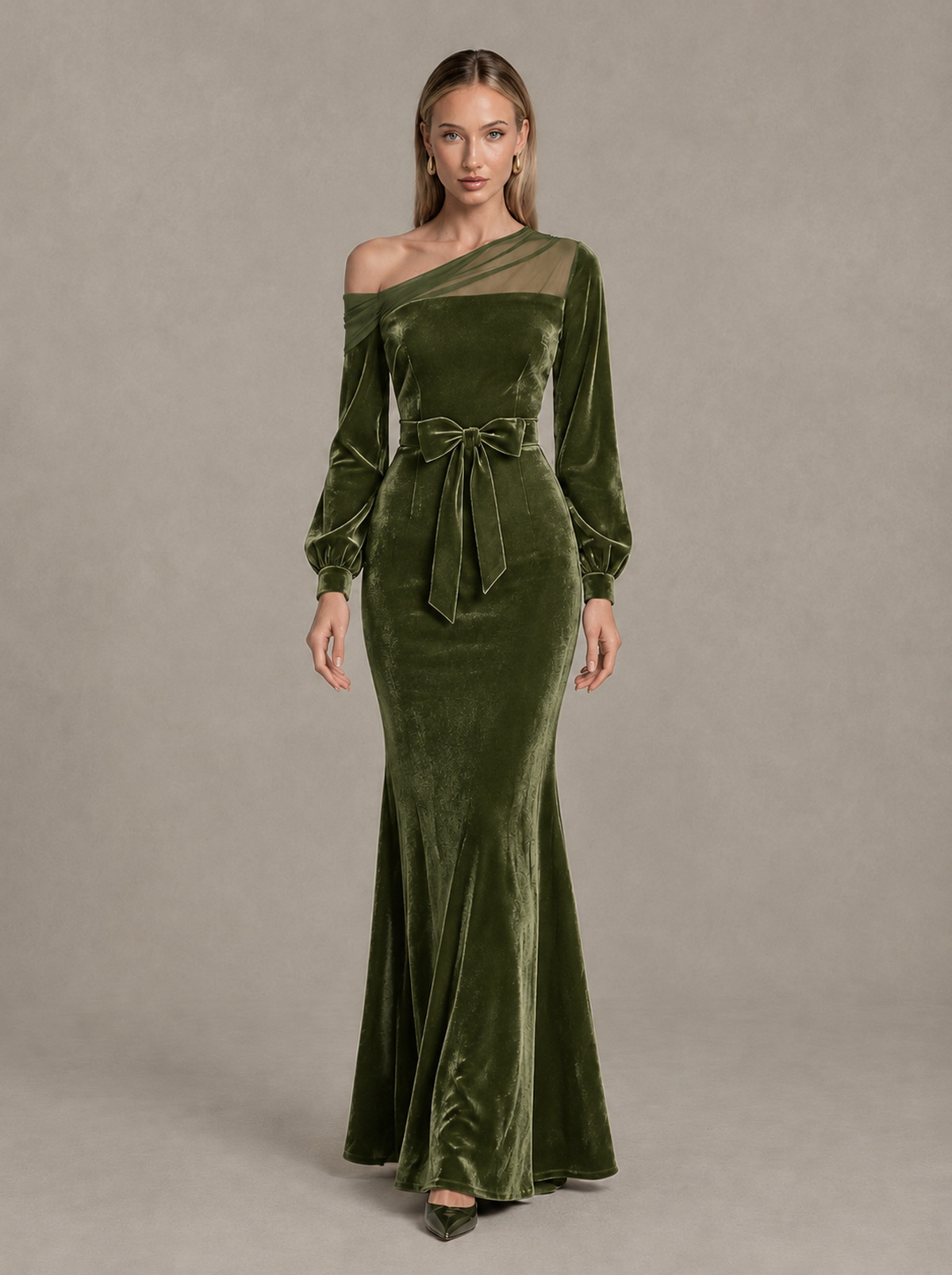 BOLODOO Olive Green Velvet Mermaid Evening Dress with Long Sleeves - Olive Green - Olive Green (1)