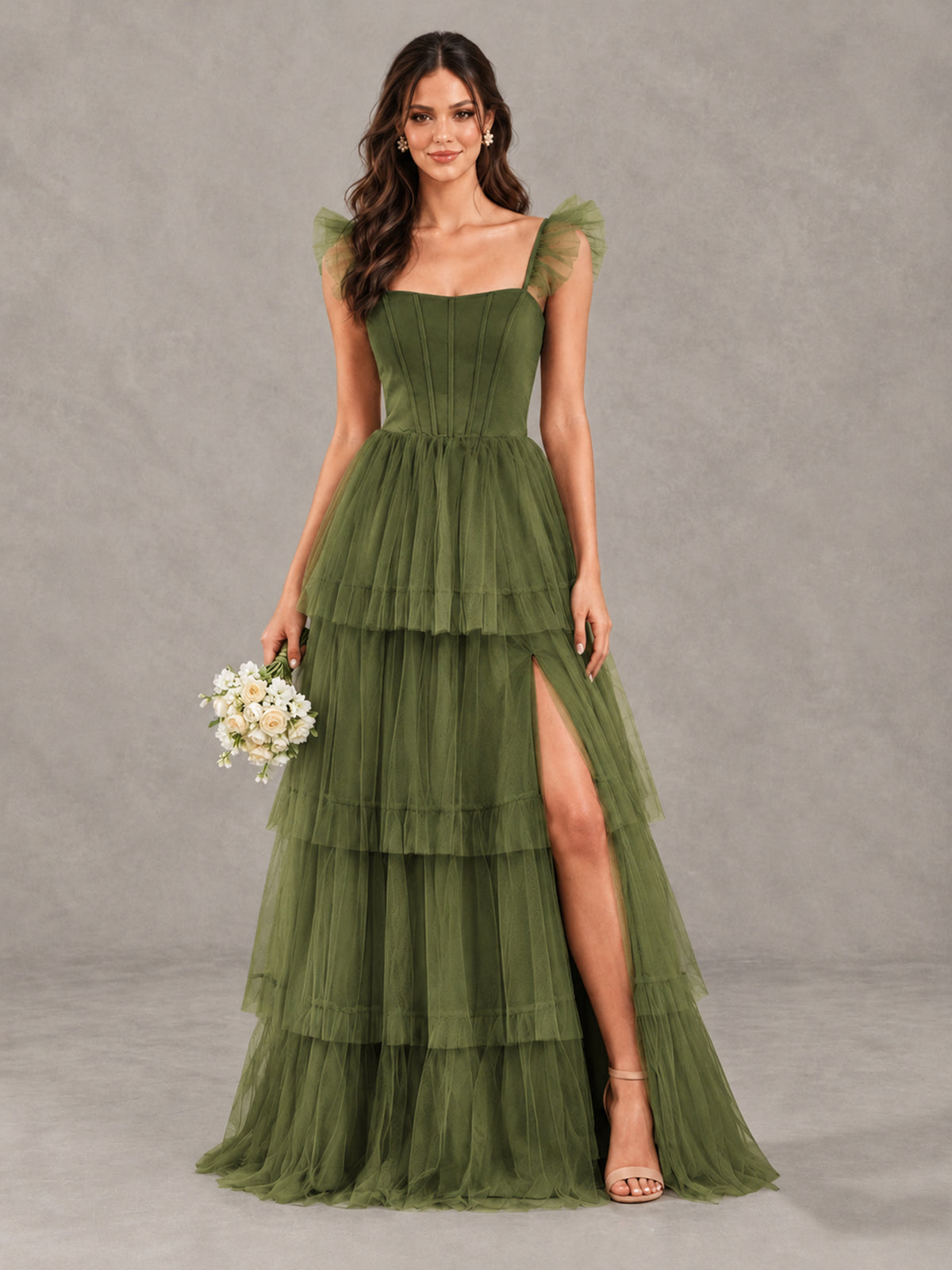 BOLODOO Olive Green Tiered Tulle Bridesmaid Dress with Slit - Olive Green - Olive Green (1)