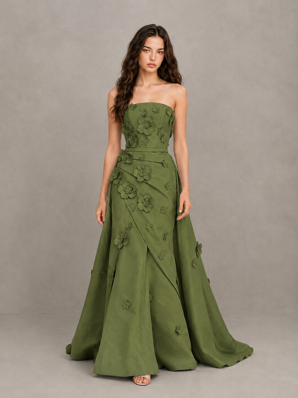 BOLODOO Olive Green Strapless 3D Floral Applique Prom Gown with Draped Skirt - Olive Green - Olive Green (1)