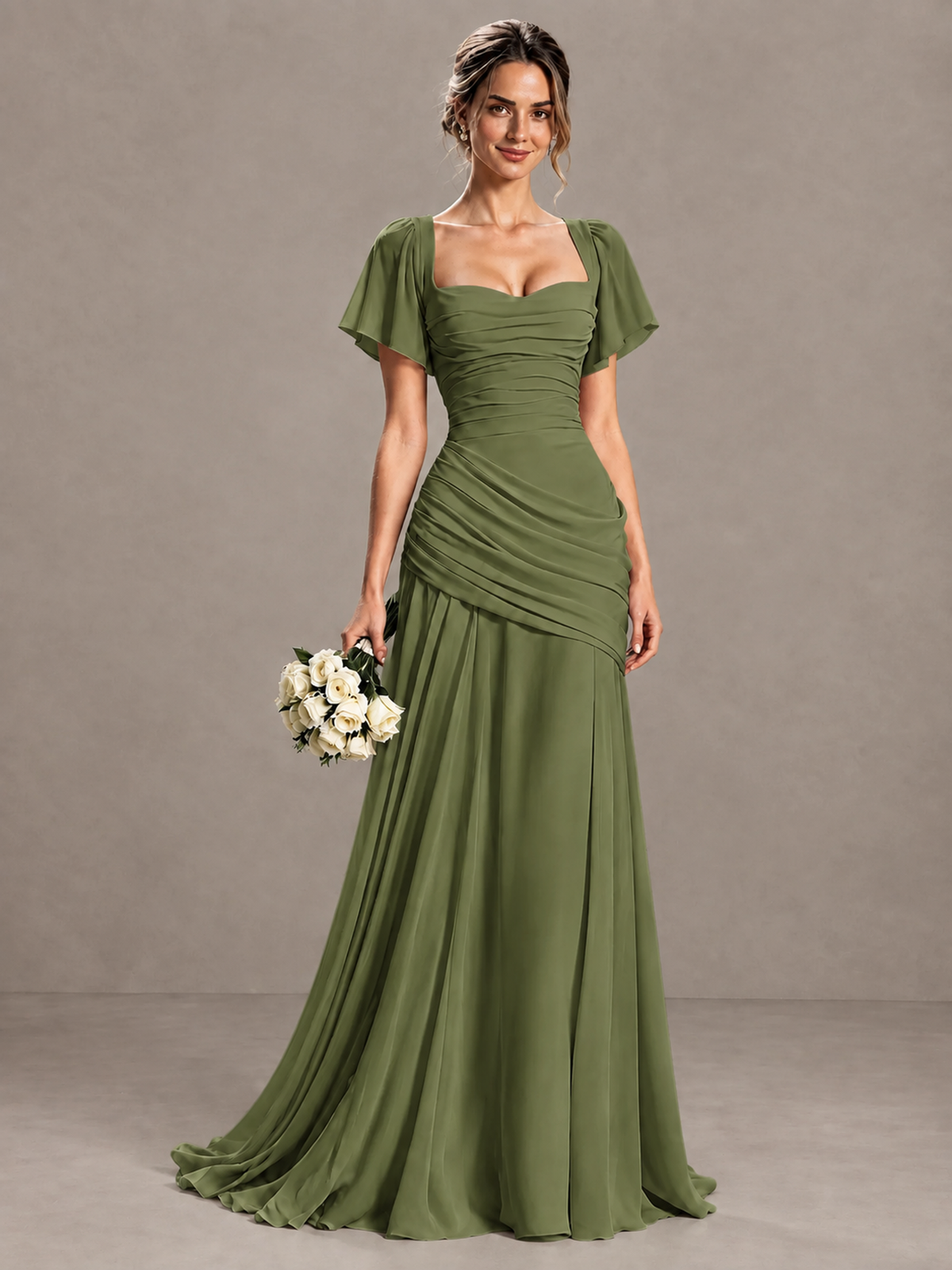 BOLODOO Olive Green Flutter Sleeve Lace-Up Back Maxi Dress - Olive Green