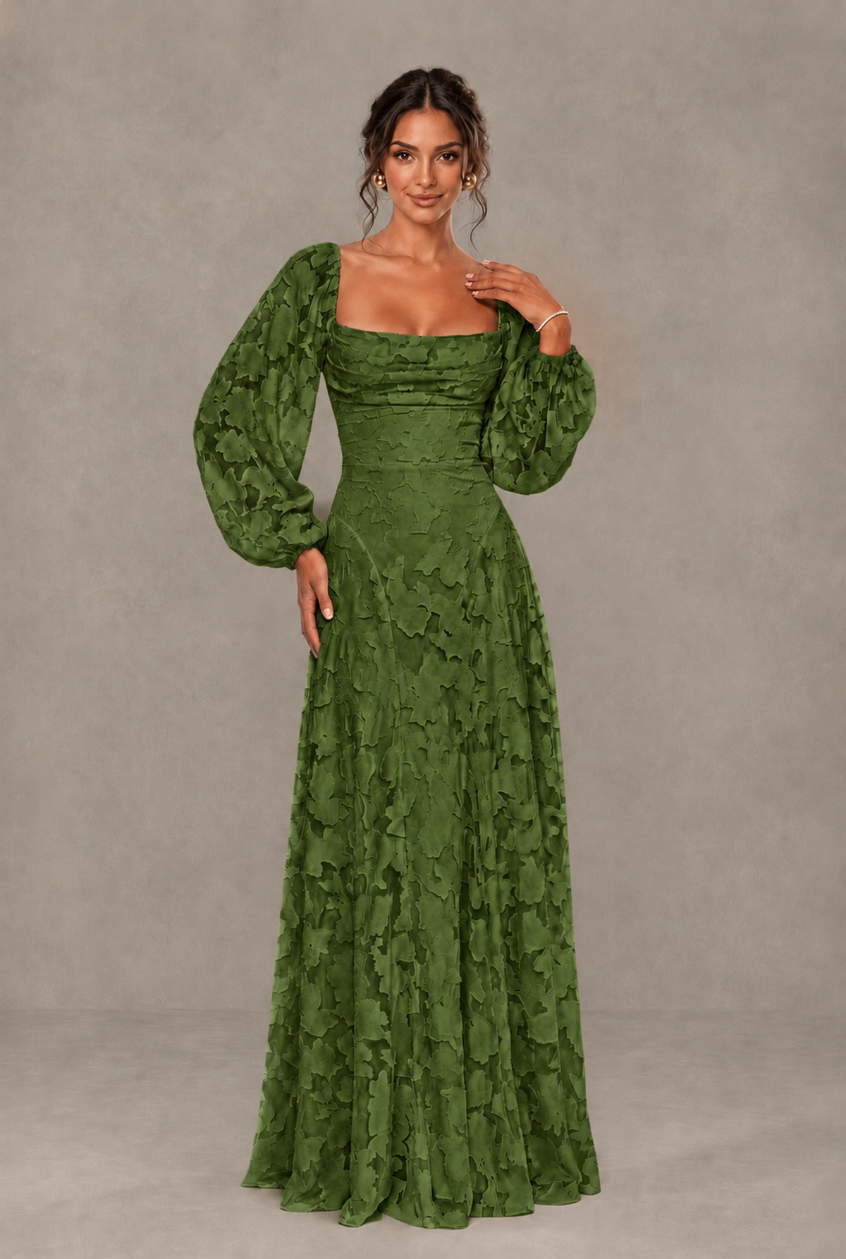 BOLODOO Floral Olive Green Long Sleeve A-Line Dress with Lace-Up Back - Olive Green