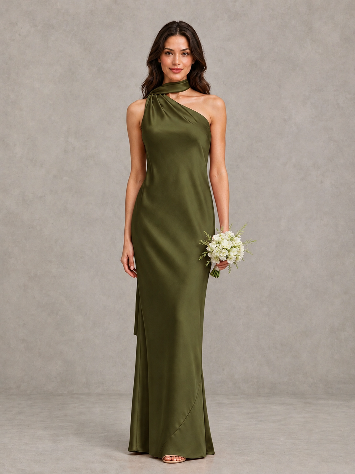 BOLODOO Olive Green Satin One-Shoulder Bridesmaid Dress with Open Back - Olive Green - Olive Green (1)