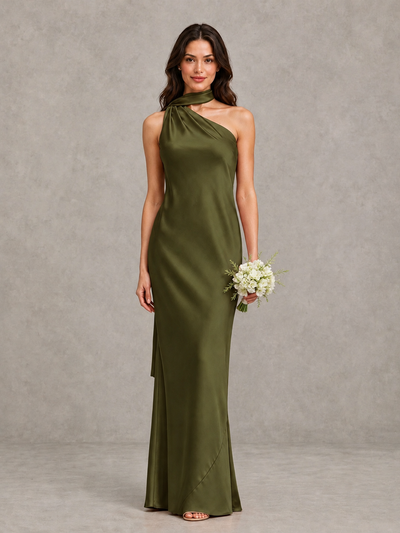 BOLODOO Olive Green Satin One-Shoulder Bridesmaid Dress with Open Back - Olive Green - Olive Green (1)
