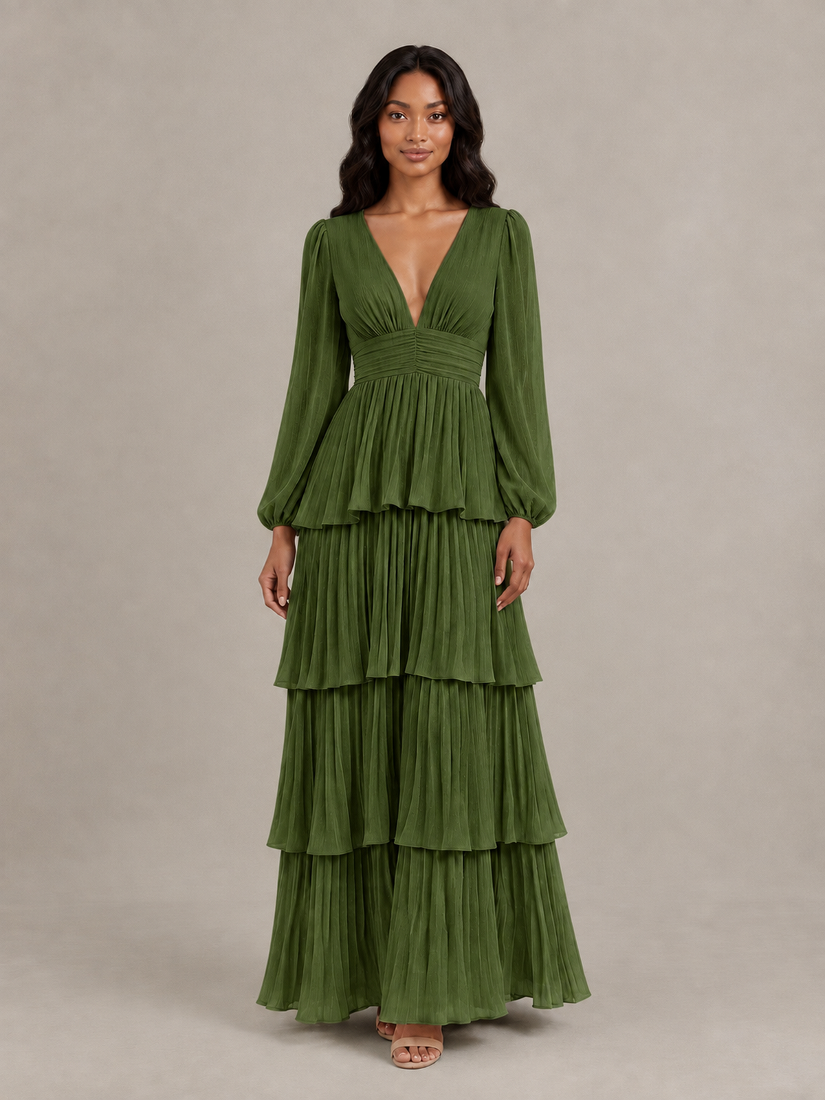 BOLODOO Olive Green Long-Sleeve Tiered Maxi Dress with Deep V-Neck - Olive Green