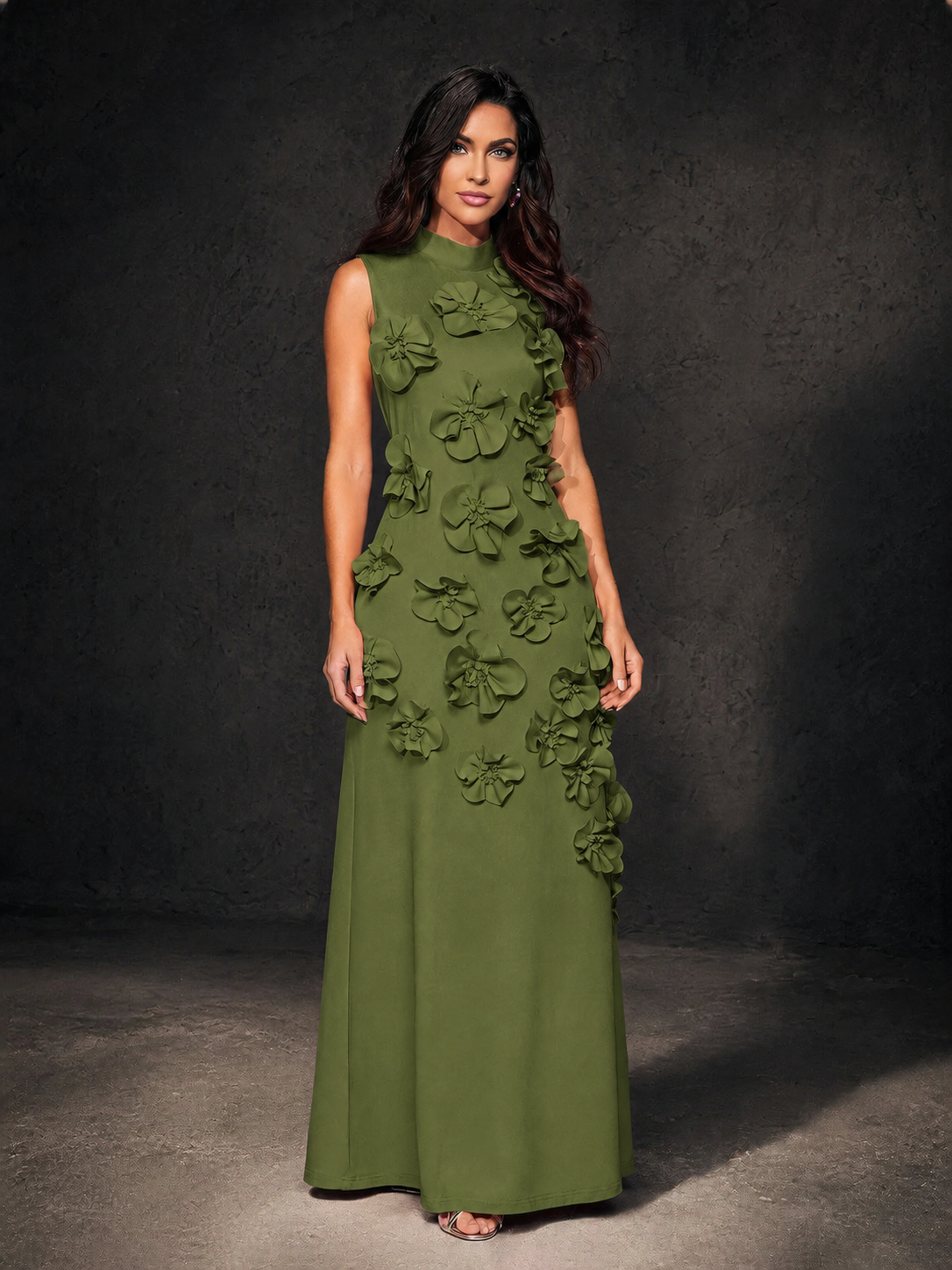 BOLODOO Olive Green Mock Neck Sleeveless 3D Floral Appliqué Maxi Dress with Bow Back - Olive Green