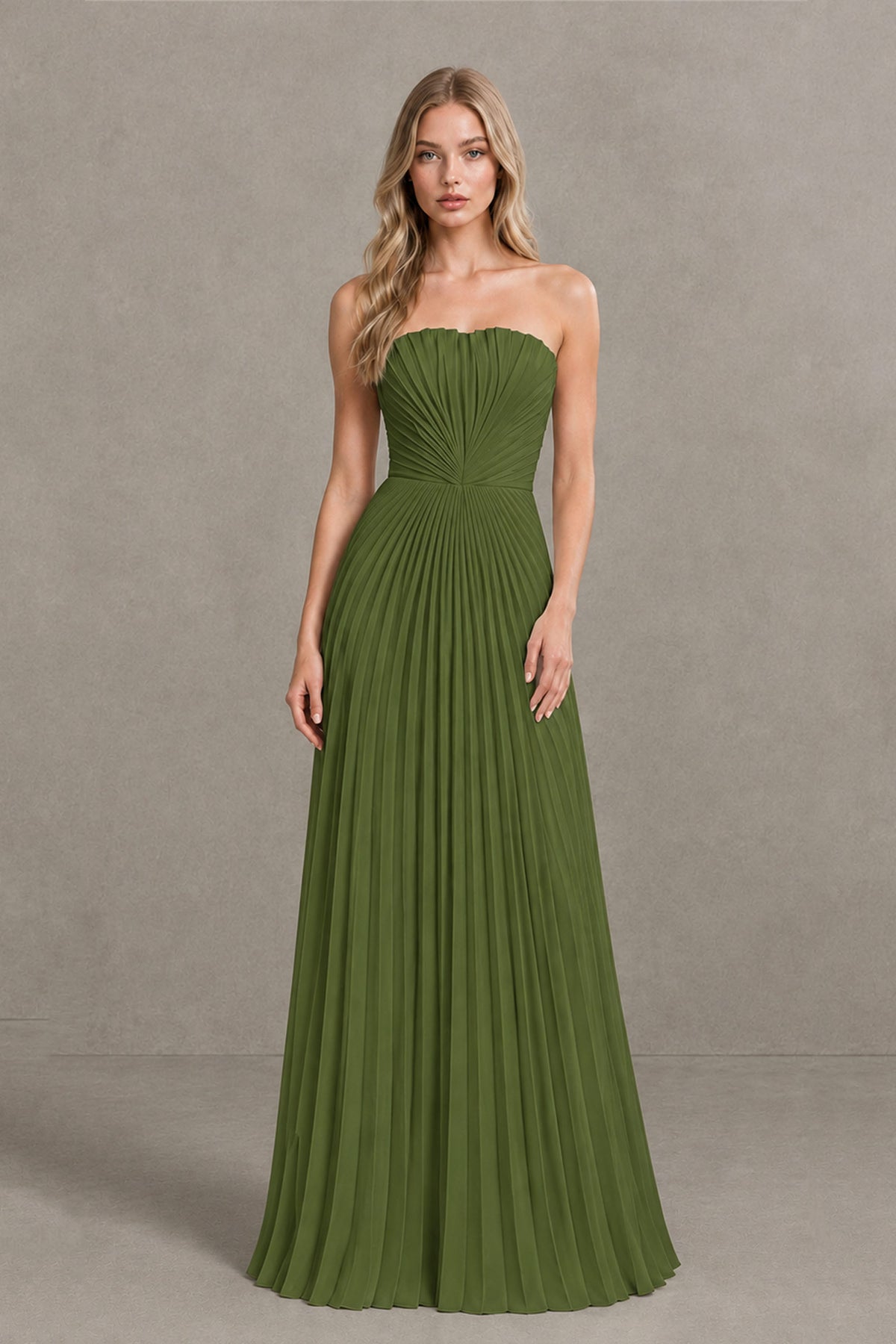 BOLODOO Olive Green Strapless Sunburst Pleated Twisted Knot Lace-Up Back Accordion Pleated Chiffon Maxi Dress - Olive Green