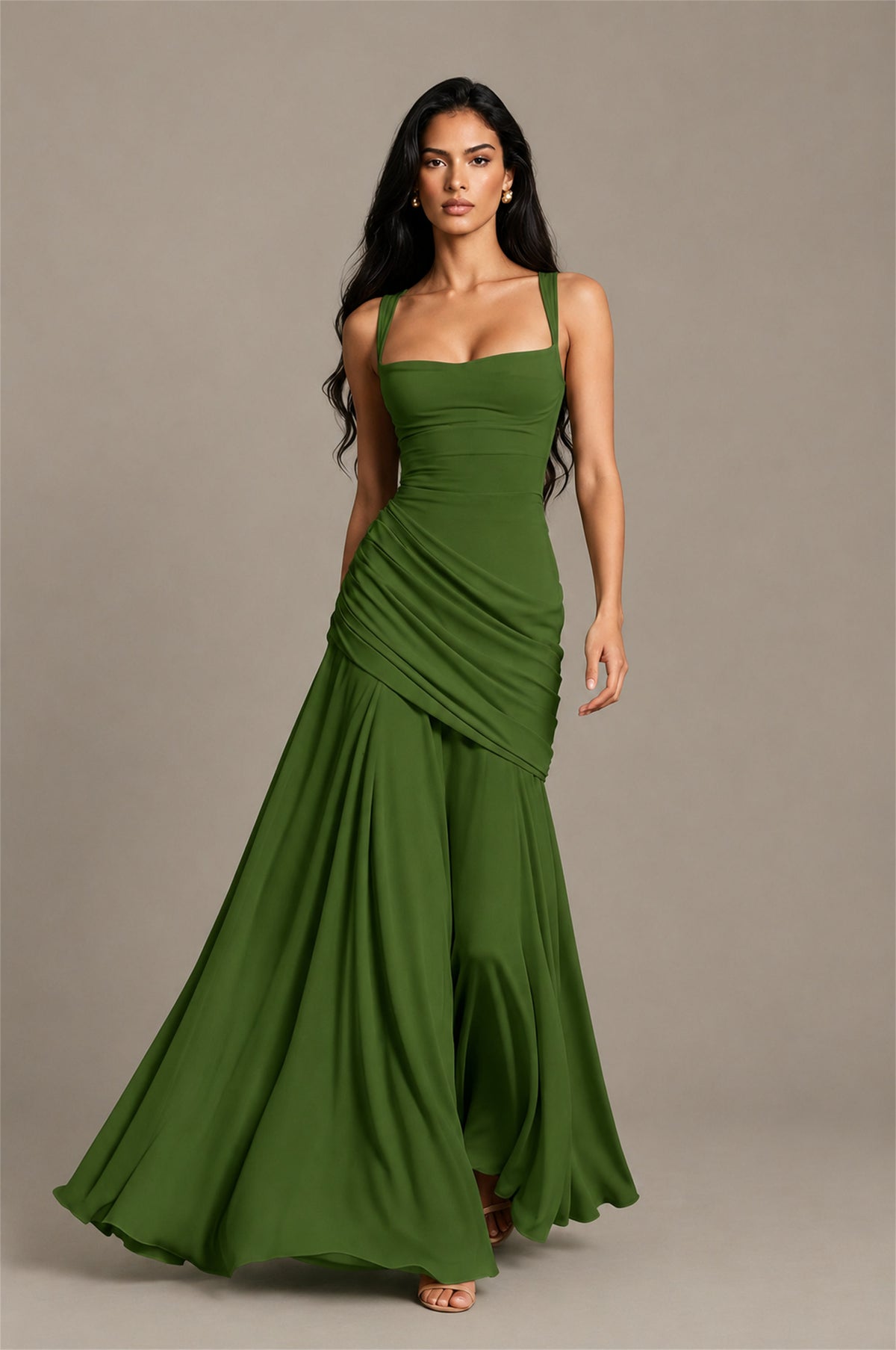 BOLODOO Square Neck Ruched A-Line Maxi Dress - Olive Green Backless Evening Gown - Olive Green