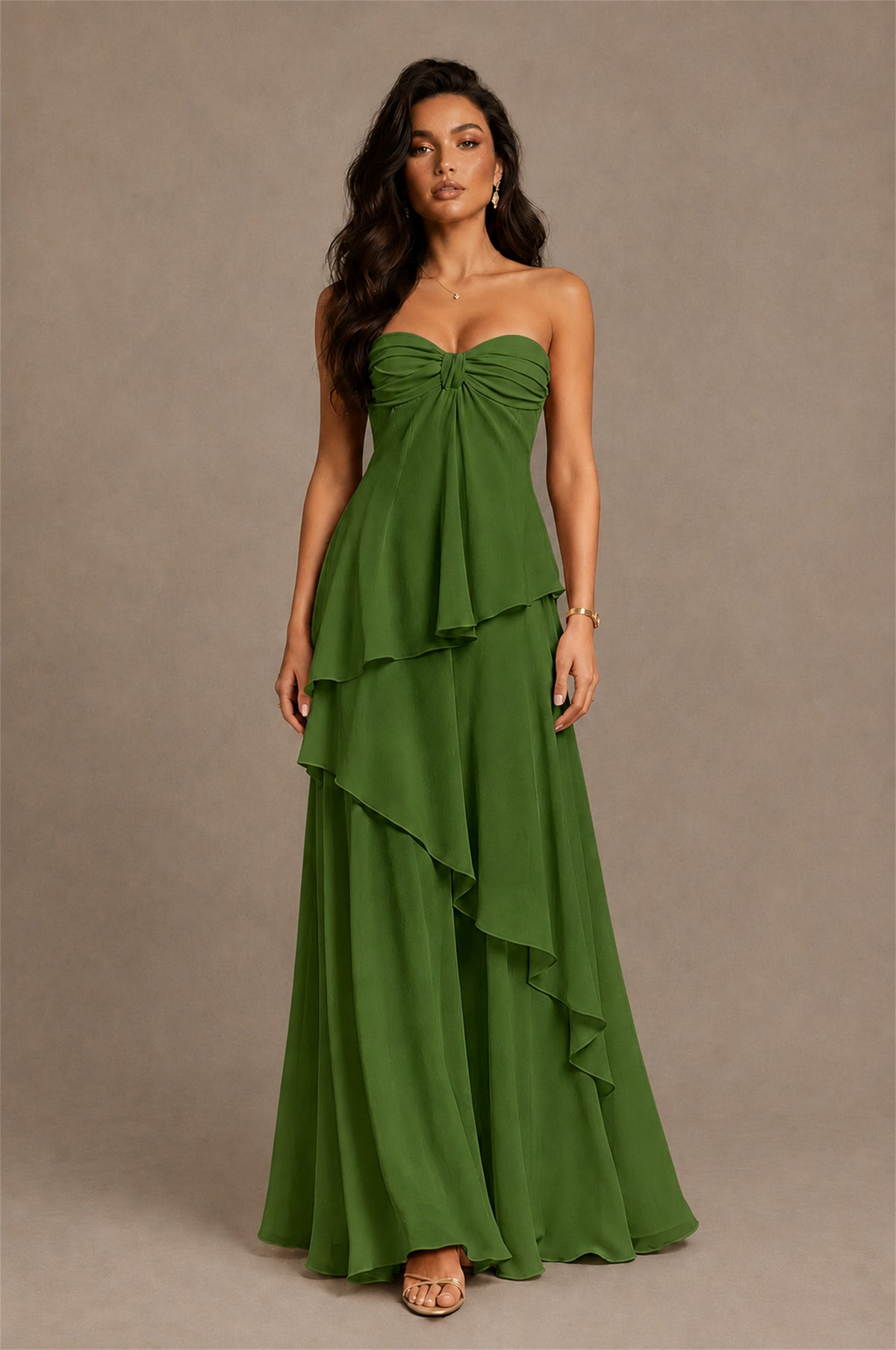 BOLODOO Olive Green Strapless Sweetheart Knotted Chiffon Tiered Maxi Dress with Lace-Up Back - Olive Green