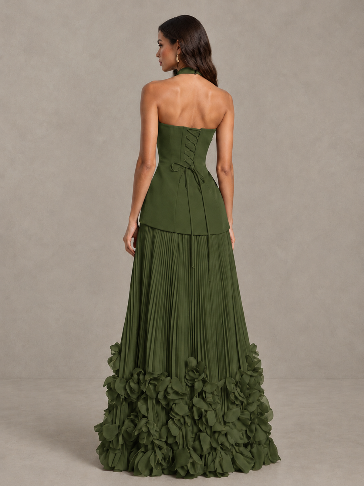 BOLODOO Olive Green Halter Neck Floor-Length Evening Gown with High Slit & 3D Floral Hem - Olive Green - Olive Green (2)