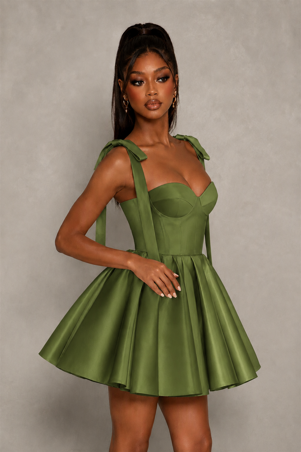 BOLODOO Olive Green Satin Sweetheart Corset Bow Strap Lace-Up Open Back Full Skirt Mini Dress | Prom Cocktail Party Dress - Olive Green