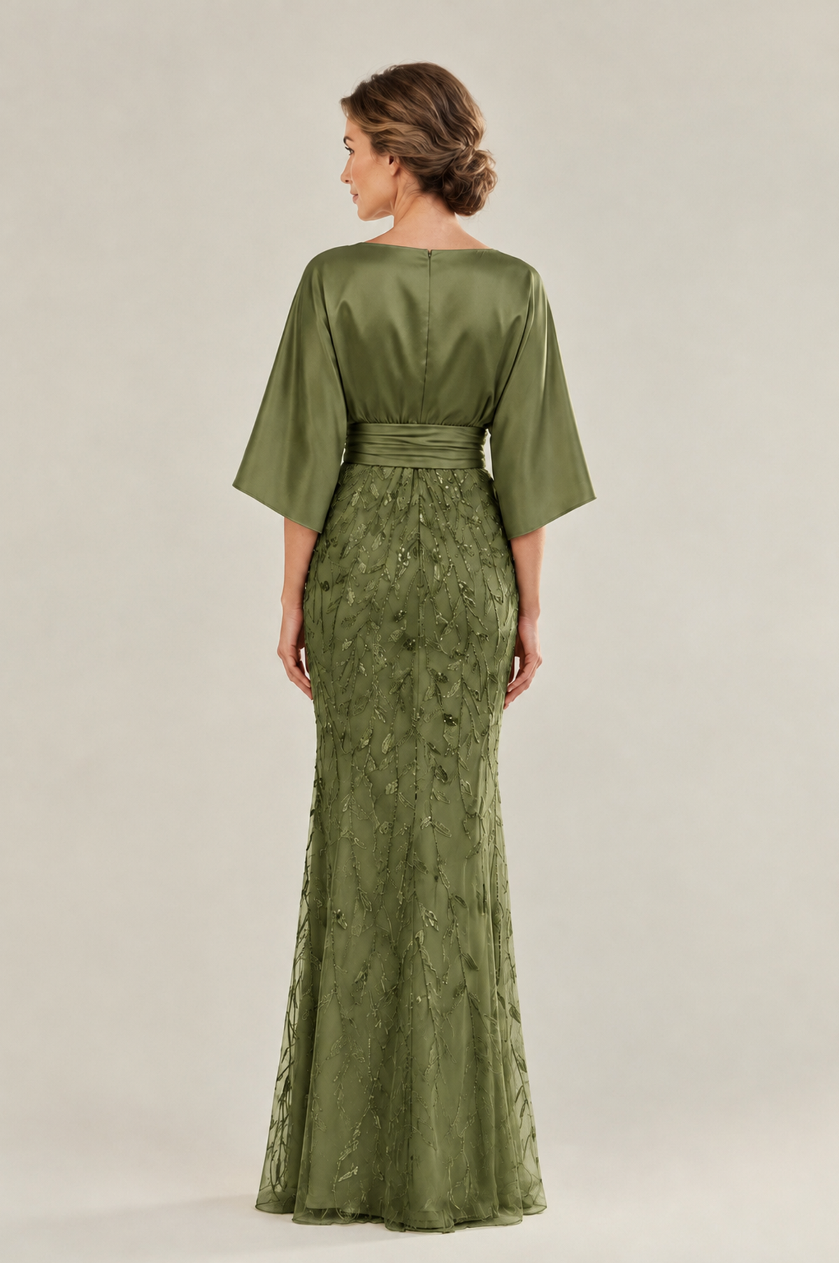 BOLODOO Olive Green Mother of the Bride Dress with Kimono Sleeves, Satin Bodice & Sequin Embroidered Mermaid Floor-Length Gown - Olive Green - Olive Green (2)