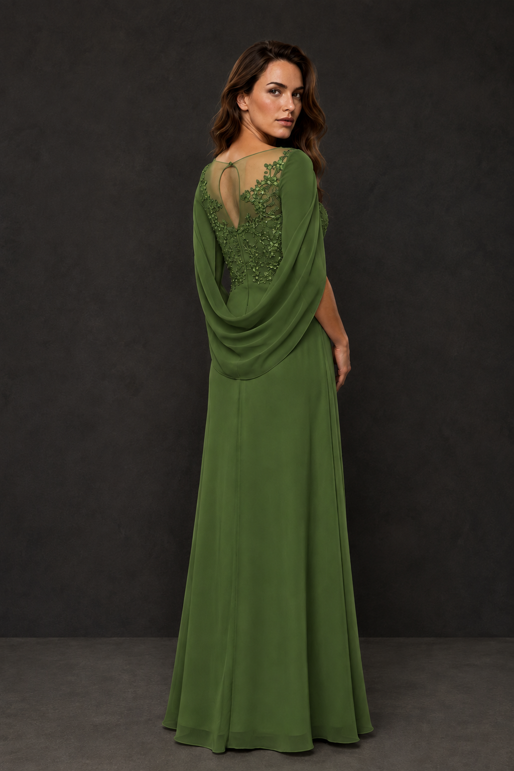 BOLODOO Olive Green Illusion Lace One-Side Cape Sleeve Beaded Chiffon Floor Length Gown | Mother of the Bride Evening Dress - Olive Green
