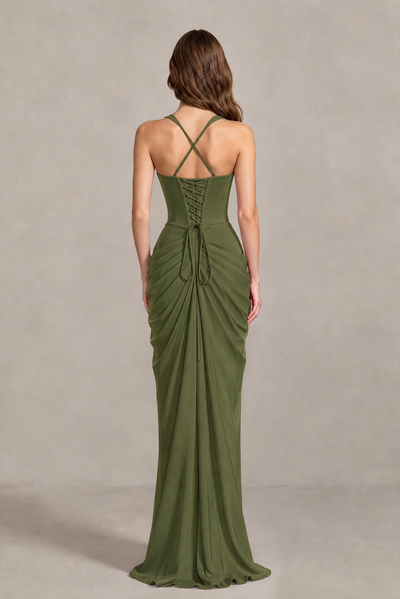 BOLODOO Chocolate Olive Green Sweetheart Maxi Dress with High Slit - Olive Green