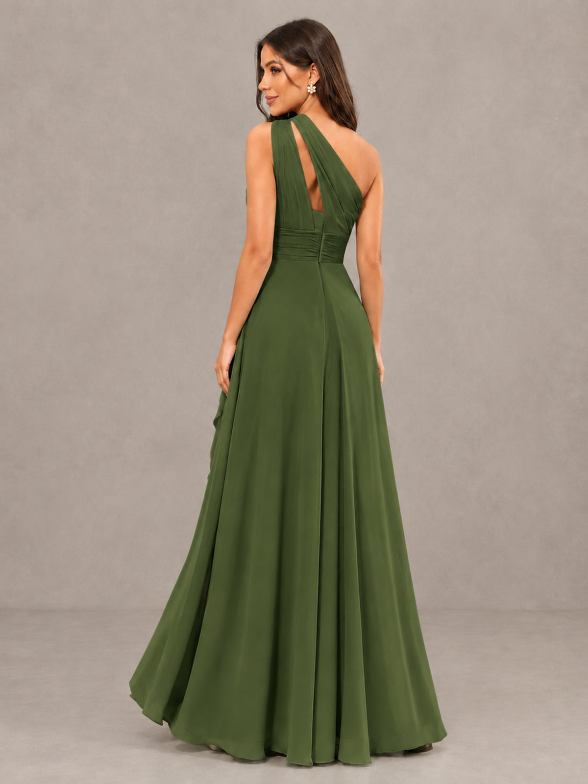 BOLODOO Olive Green One-Shoulder Ruffle Bridesmaid Dress with Slit - Olive Green - Olive Green (2)