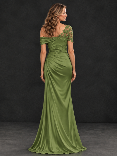 BOLODOO Olive Green Asymmetric Satin Mother of the Bride Dress with Lace Sleeve - Olive Green - Olive Green (2)