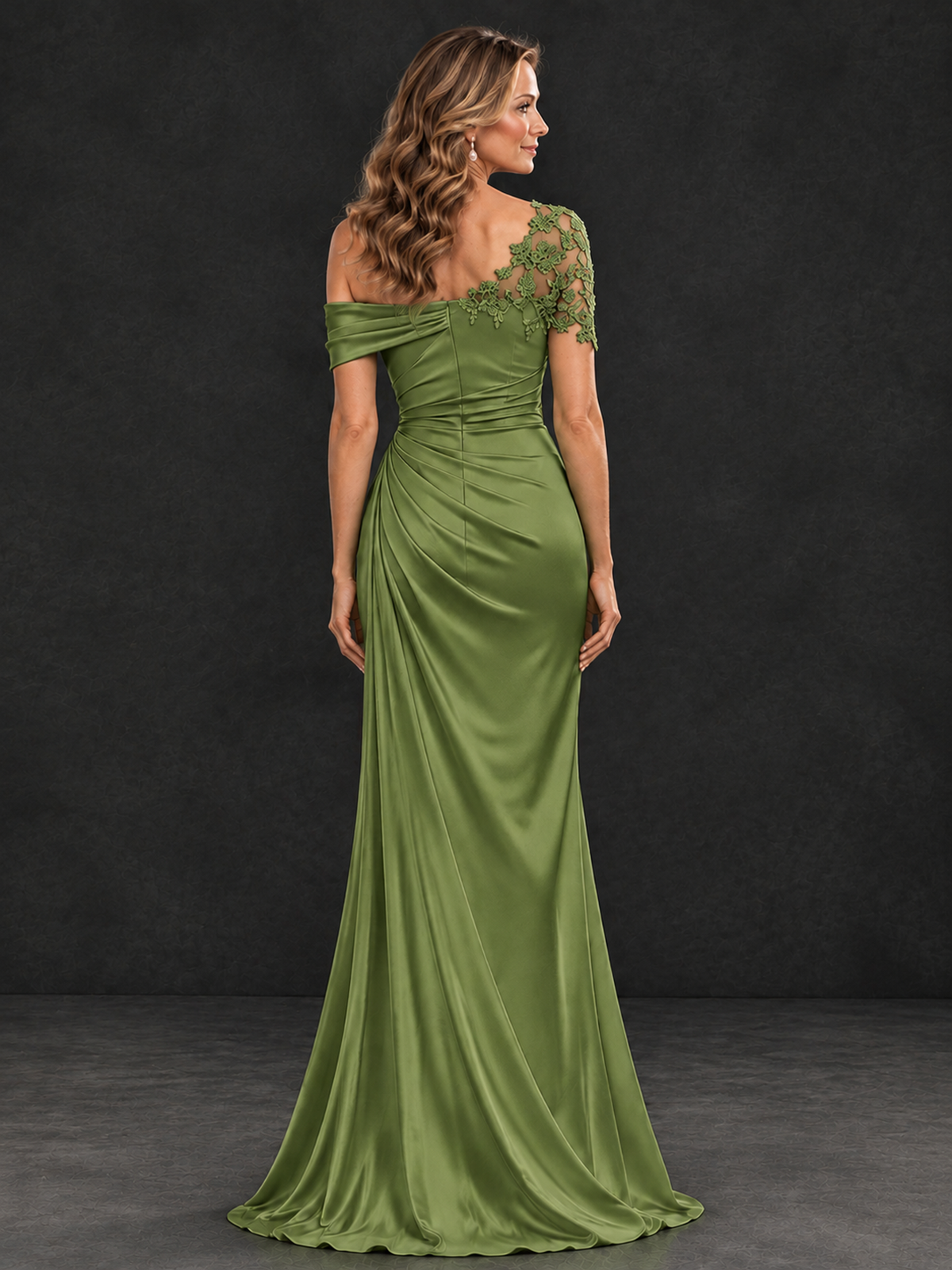 BOLODOO Olive Green Asymmetric Satin Mother of the Bride Dress with Lace Sleeve - Olive Green - Olive Green (2)