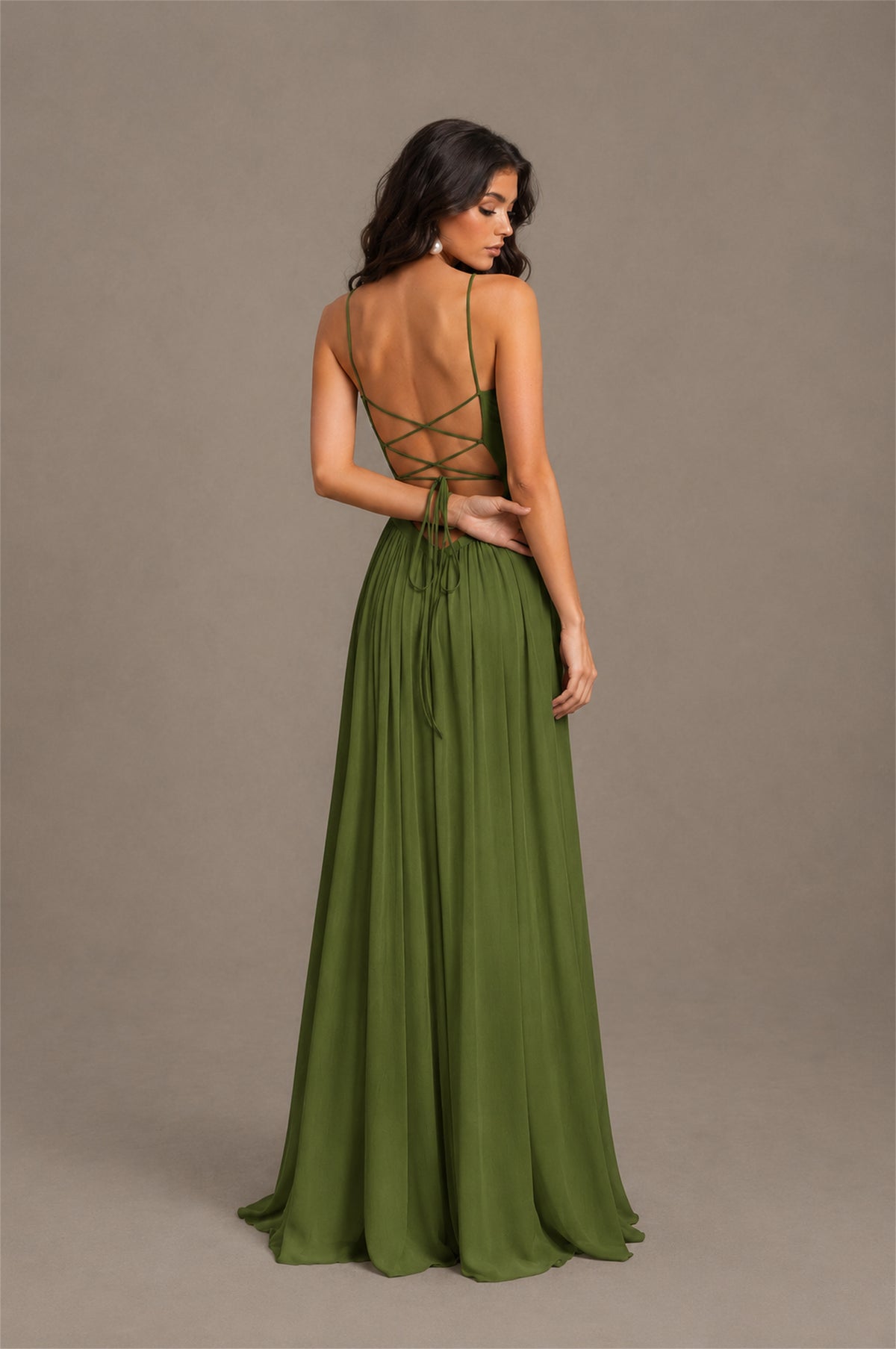 BOLODOO Olive Green Spaghetti Strap Square Neck Ruched Chiffon Maxi Dress with Lace-Up Back - Olive Green