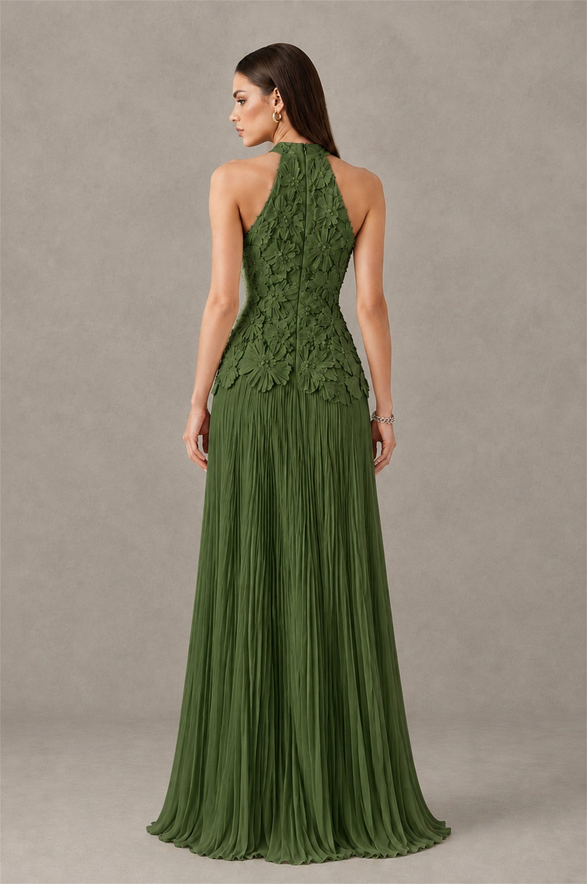 BOLODOO Olive Green 3D Floral Applique Halter Neck Open Back Pleated Maxi Dress - Olive Green