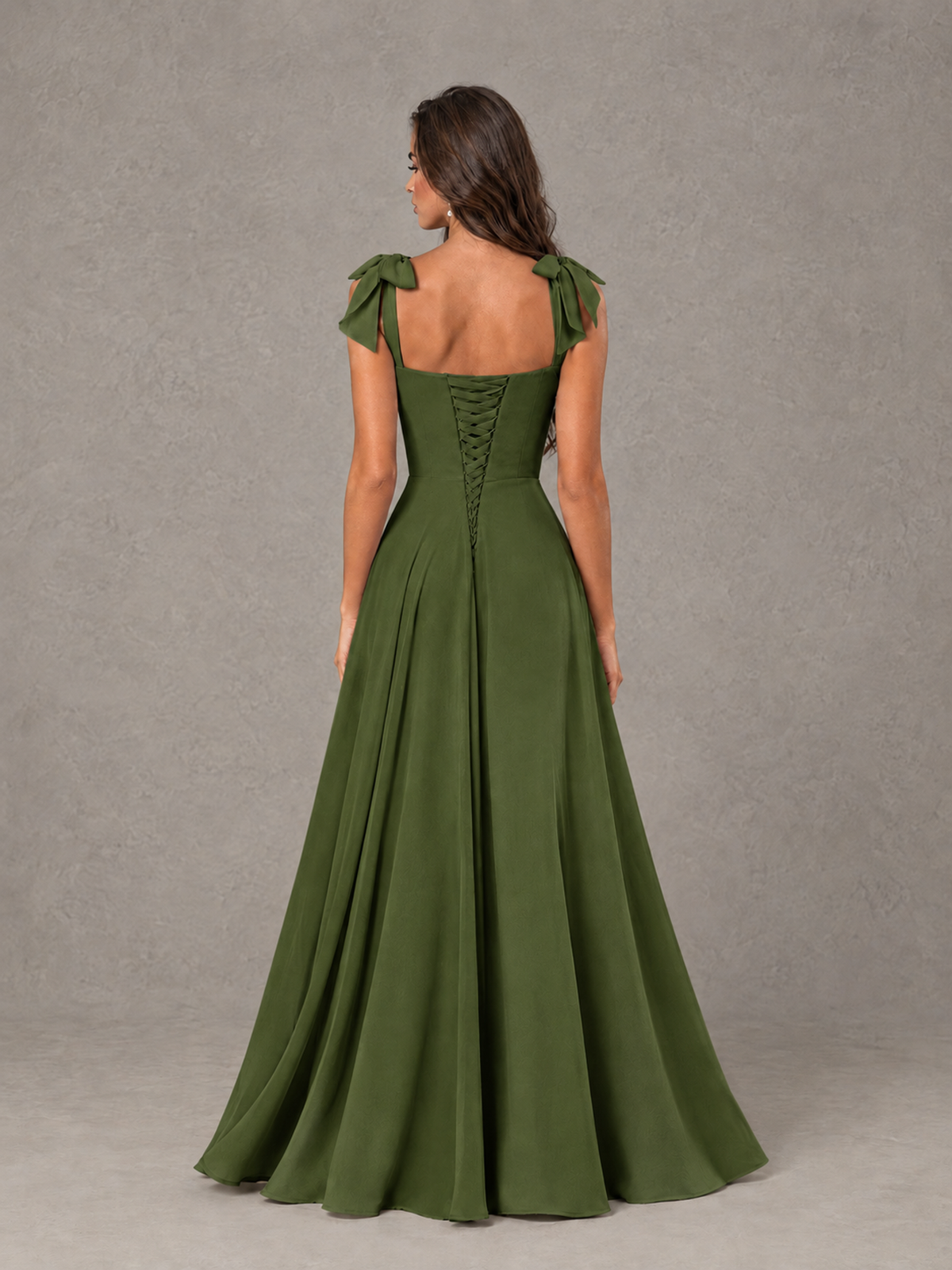 BOLODOO Olive Green Bow-Strap Bridesmaid Dress with Ruffle Slit - Olive Green - Olive Green (2)