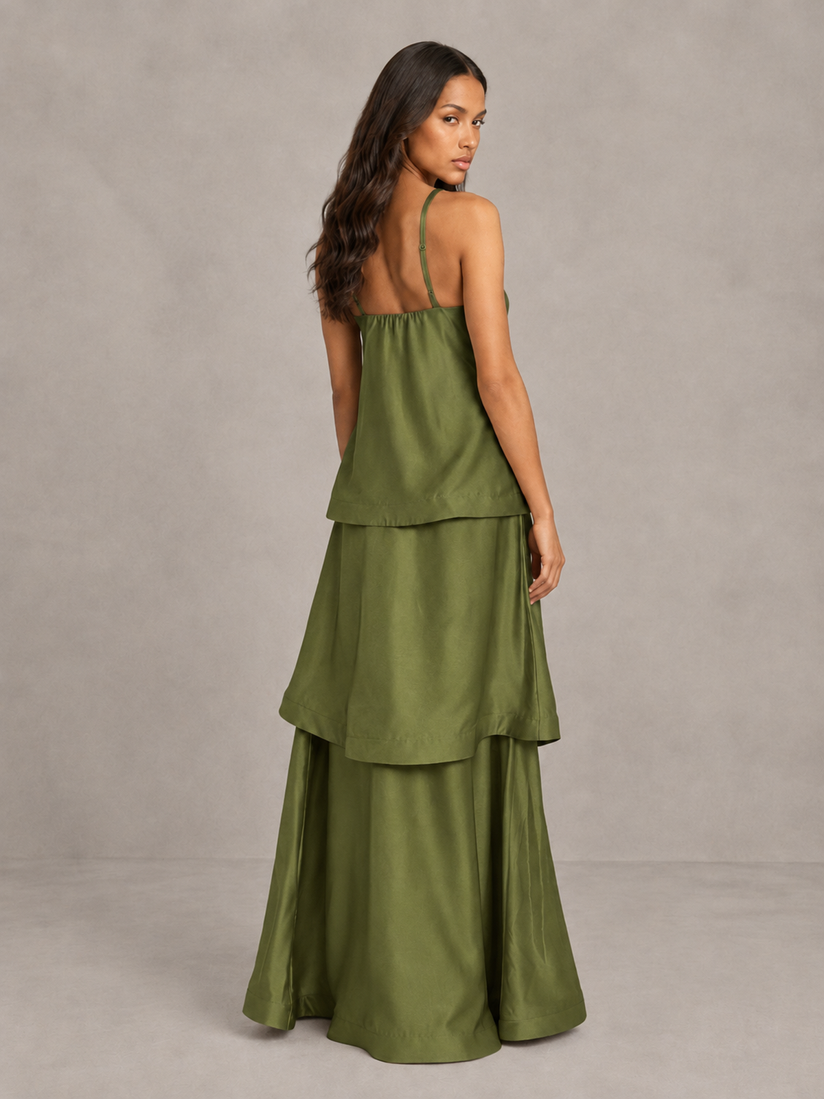 BOLODOO Olive Green Satin Tiered Maxi Dress with Spaghetti Straps - Olive Green