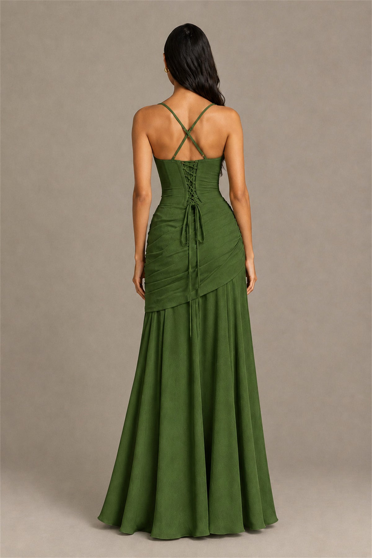 BOLODOO Square Neck Ruched A-Line Maxi Dress - Olive Green Backless Evening Gown - Olive Green