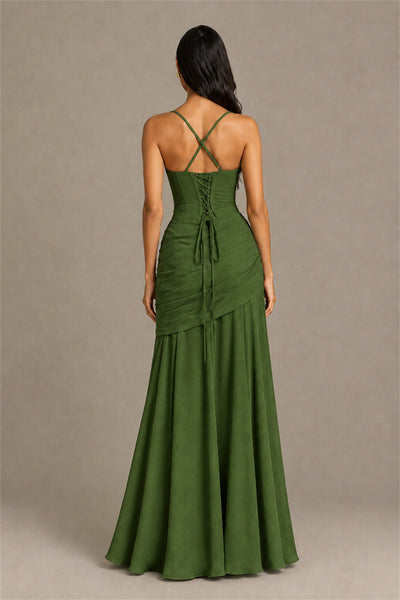 BOLODOO Square Neck Ruched A-Line Maxi Dress - Olive Green Backless Evening Gown - Olive Green