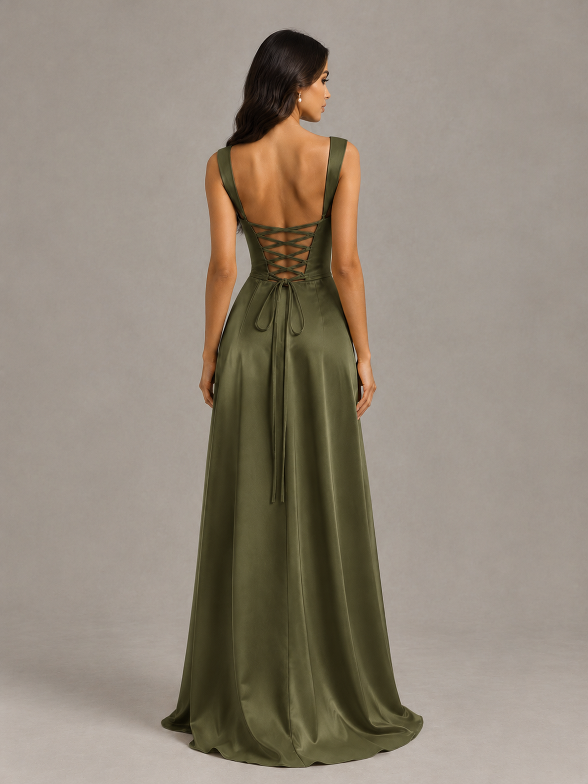 BOLODOO Olive Green Satin Lace-Up Bridesmaid Dress with Slit - Olive Green - Olive Green (2)