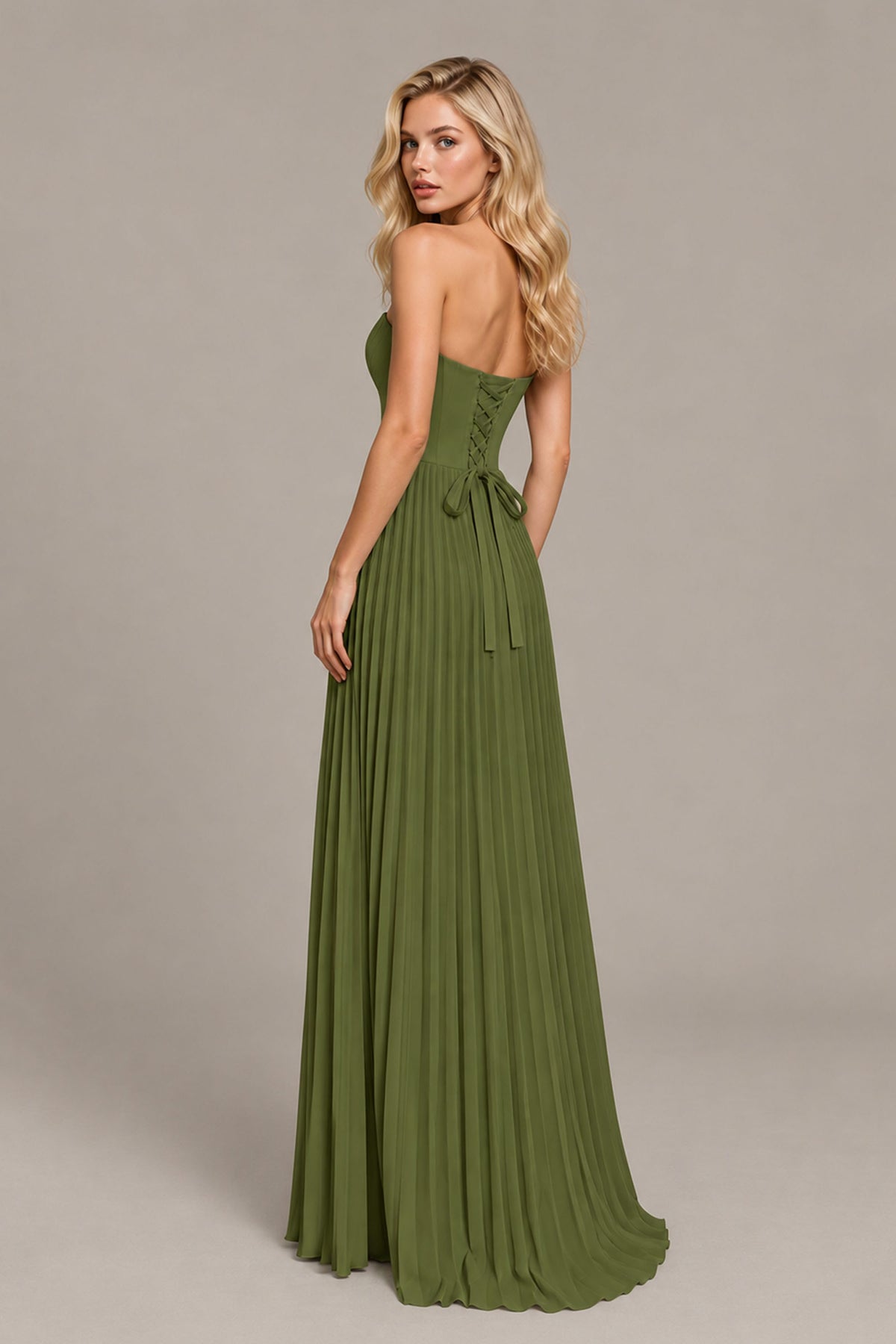 BOLODOO Olive Green Strapless Sunburst Pleated Twisted Knot Lace-Up Back Accordion Pleated Chiffon Maxi Dress - Olive Green