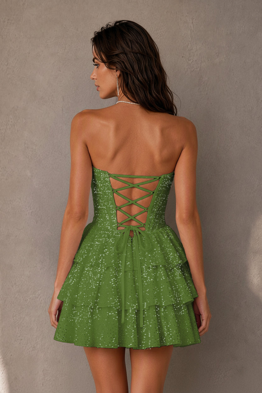BOLODOO Navy Rhinestone Strapless Corset Tiered Ruffle Lace-Up Back Homecoming Mini Dress - Olive Green - Olive Green