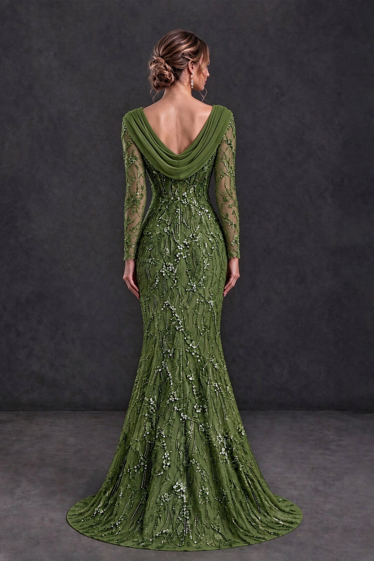 BOLODOO Olive Green Long Sleeve Embellished Mother of the Bride Dress with Cowl Neck - Olive Green - Olive Green (2)