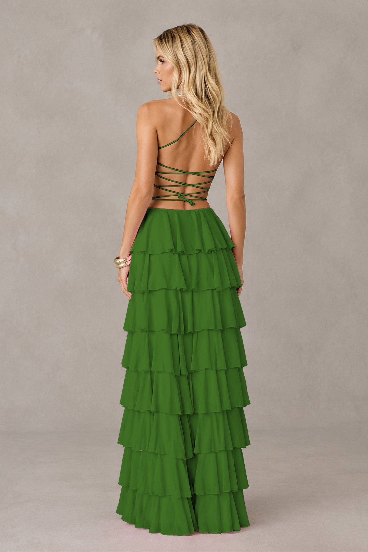 BOLODOO Olive Green Strapless Tiered Ruffle Maxi Dress with Slit & Lace-Up Back - Olive Green