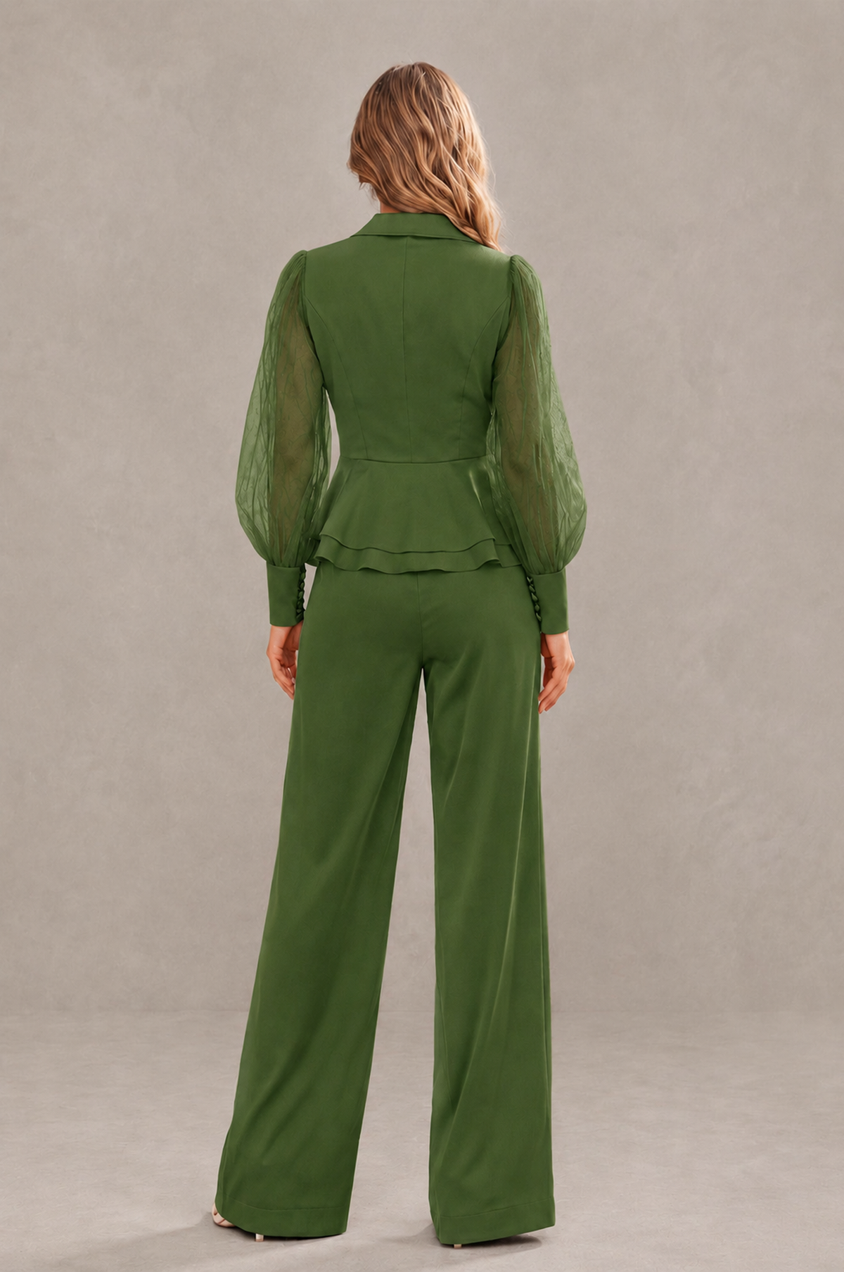 BOLODOO Mint Olive Green Peplum Blazer Wide-Leg Pantsuit with Sheer Puff Sleeves - Olive Green