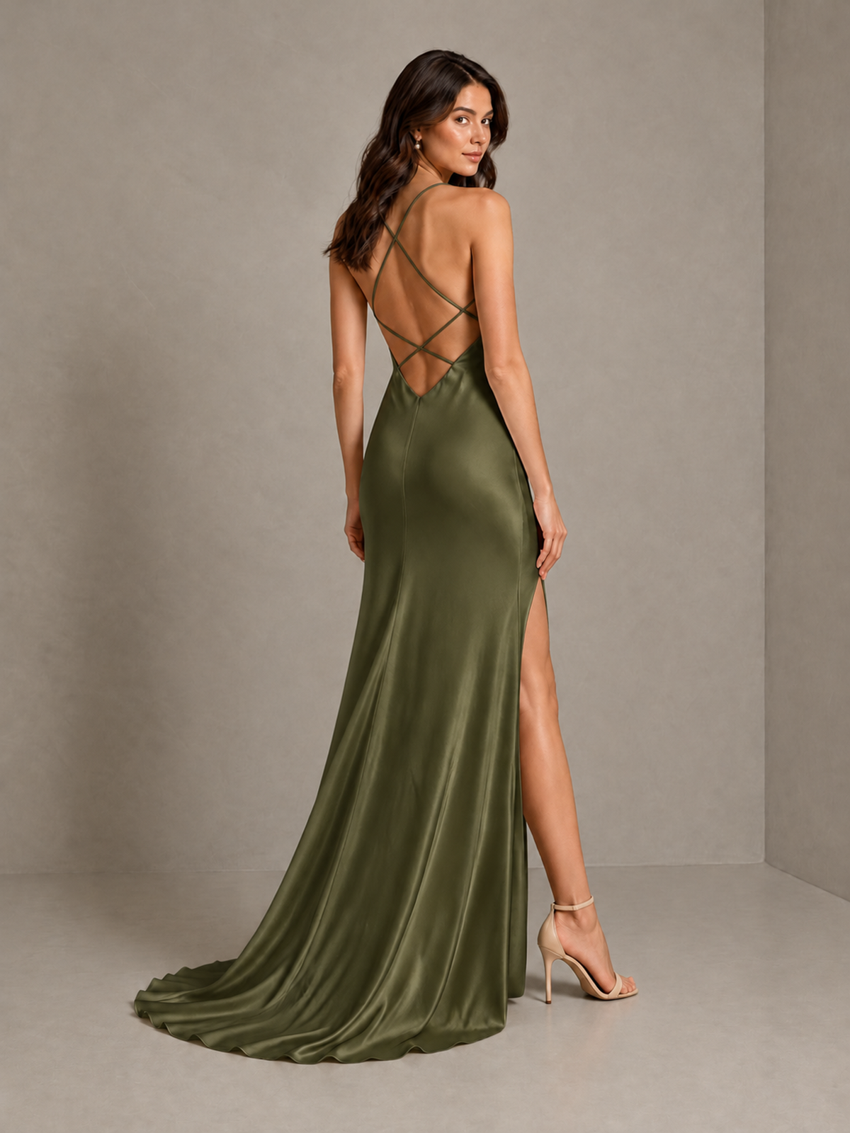 BOLODOO Olive Green Satin Cowl Neck Bridesmaid Dress with Open Back & Side Slit - Olive Green - Olive Green (2)